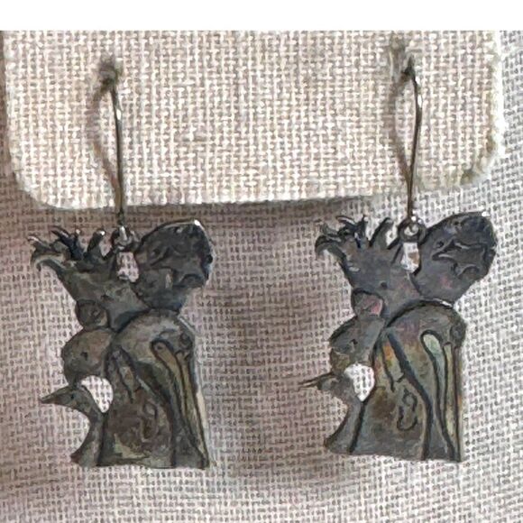 Vintage Signed Sterling Silver Bird & Woman Ambiguous Pelican Cockatoo Earrings - Picture 2 of 8